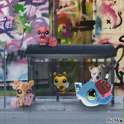 Multiple Littlest Pet Shop toys are on their smart phones waiting at a sheltered bus stop. Some have backpacks. One L.P.S. toy is a bee who is using not a smart phone, but a landline phone. The coil to the landline phone seems to be coming from nowhere. There is one realistic chihuahua dog holding a phone amongst the L.P.S. toys. Behind the bus stop is a wall of graffiti. In front of the bus stop is a L.P.S. toy of a Whale. She is blue with a white stomach, green eyes, and has two starfish on her body, one orange and one pink. She is wearing a red backpack and taking a call on her phone.