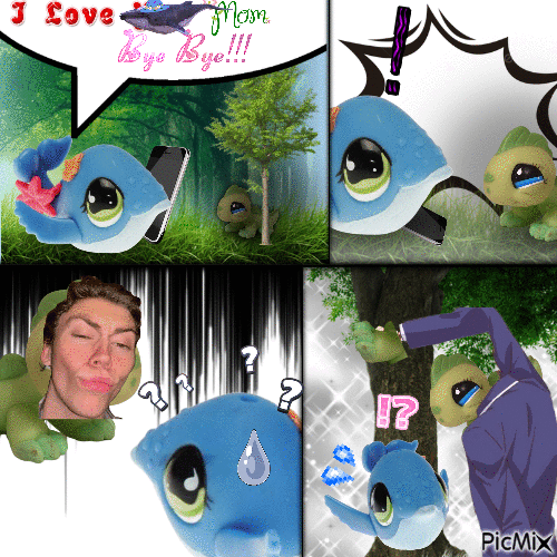 The image is split into four panels. First one: Whale is on the phone, she has a speech bubble that says 'love you mom! Bye bye!', Lizard is seen hiding behind a tree in the background. Second one: Lizard appears in front of Whale as she is putting her phone down, surprising her. Third one: Lizard makes the 'rizz face' at Whale. She has a little anime sweat droplet on her head, showing her confusion and discomfort. Final one: Lizard gives Whale the 'Kabedon' (anime arm against the wall flirt thingy) against a tree. Whale is confused and sweating in fear.