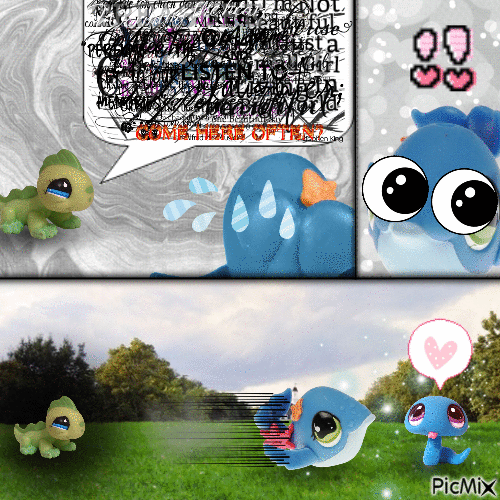 This image has three panels. First one: Lizard has a speech bubble, with so much over-lapping text it's illegible. The only thing that can be made-out is 'come here often?' Whale has anime sweat droplets. Second one: Whale's eyes are big and looking to the side, and two exclamation marks are over her head. The exclamation marks have hearts instead of dots on the bottoms of them. Final one: Whale zooms off towards Snake, who is on the right of the panel. Snake greets Whale with a heart inside of a speech bubble, and she has a sparkling aura. Lizard is on the left of the panel, and a dark void is growing around him.