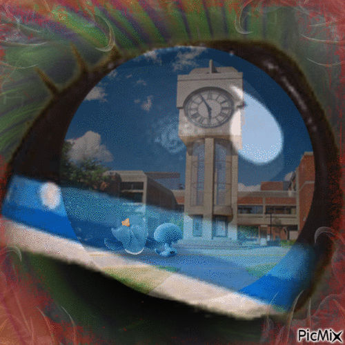 A zoom in on Lizard's eye. In the reflection we can see Whale and Snake walking away towards the rest of the campus. There's an ominous aura around Lizard's eye.