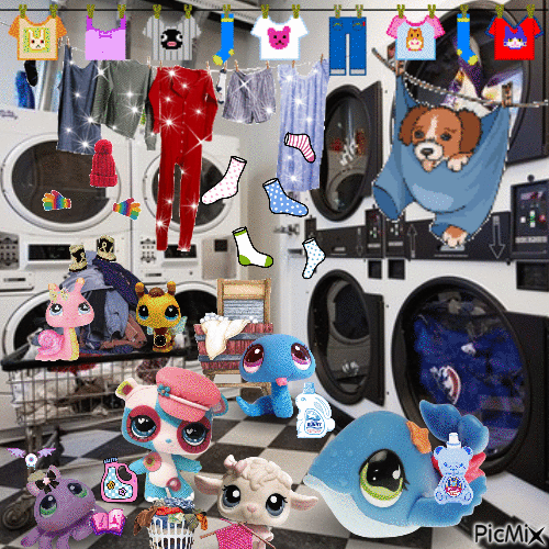 Whale and Snake are at a crowded laundromat. They are both holding bottles of detergent. Next to them are: a colorful panda wearing a hat, a knitting lamb with a bow in her hair, and a purple spider that also has a bow, and his flipping through a magical book. The laundromat is unusal. There are  clothes-lines all over the ceiling, and an old-fashioned washboard and wooden bucket too. Some of the clothes seem to be sparkling and dancing.
