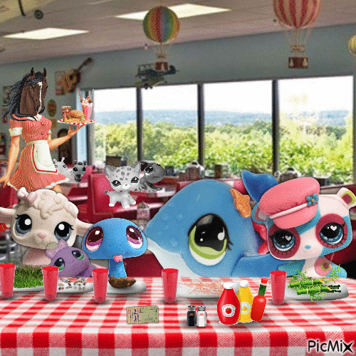 The friend group is sitting an a classic American diner. They are each eating things that are appropriate for their species's diet. Such as grass for Gertie the lamb, a rat for Snake, krill for Whale (she's a humpback whale), bamboo for Pandamonium the panda, and bugs for Wisteria the spider. There is a check on the table. Behind them is a horse-headed 1950s diner waitress.