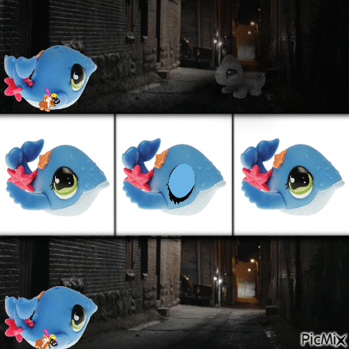 Panel one: Whale is looking down the alley, and sees a figure in the shadows.Panels two through four: Whale blinks. Panel five: Whale is looking down the alley again, but this time there is no figure in the shadows. 