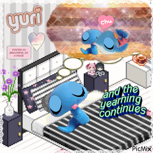 Snake is asleep in her bed. She is dreaming of her and Whale kissing at an idyllic, sparkly beach. Her bedroom wall has decorations that scream 2010s Tumblr softcore aesthetic. Notably, a big sign that says 'yuri' on it. By her bedstand is plushies of Kaname Madoka and Akemi Homura from the anime Puella Magi Madoka Magica. Floating by her is text that reads 'and the yearning continues' 