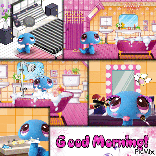 Panel 1: Snake wakes up with sleepy eyes. Panel 2: Snake enters her girly bathroom. Panel 3: Snake takes a shower in ther bathtub. Panel 4: Snake brushes her teeth. Panel 5: Snake puts on makeup. Panel 6: reads 'good morning!'
