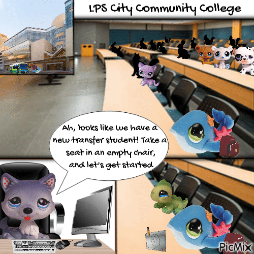 In the corner there is a panel showing getting off the bus and entering a city college building. The next panel shows her sitting in a college classroom, the seats next to her empty. The third panel shows A husky LPS sitting in the professor's chair. A speech bubble coming out of Professor Husky says 'Ah, looks like we have a new transfer student! Take a seat in an empty chair, and let's get started. The fourth and final panel shows that a lizard LPS, the transfer student, has sat right next to Whale. Whale is doodling.' 