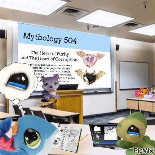 Professor Husky is projecting a presentation for class. The slide reads:'Mythology 504, The Heart of Purity and The Heart of Corruption'. The rest of the text on the slide is illegible. Whale and Lizard are sitting next to each other. Lizard is taking notes on his laptop. Whale is taking notes in a notebook, however most of the page is covered in doodles, one of them is her professor. Above Whale there's a thought bubble, it shows that Whale is thinking about Lizard's eyes.