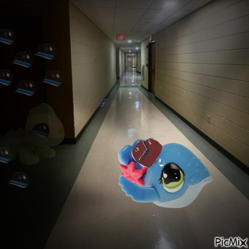 Whale is in an empty hallway. The flourescent lights are dingy.  Next to whale is a corner that is covered in shadows. Faintly, one can make out what looks like a figure emerging from the shadows. The figure looks like Lizard, and he's surrounded by his own eyes. Whale has a nervous sweat droplet on her head.