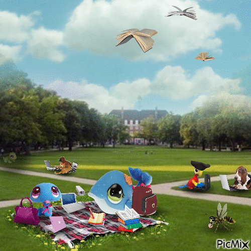 Whale is in a college quadrangle. It looks like a park with short grass and concrete sidewalks. The quad is lined with trees. In the distance there is an old campus building. The sky is blue and a few books are flying in the air like birds. Whale is on a picnic blanket, next to a blue LPS Snake with violet eyes and wearing a violet scarf. Whale and Snake have their laptops, textbooks, notebooks, and pencils strewn about the picnic blanket. Behind them other animals can be seen on their laptops in the quad. In the distance there's a dark area in the trees, where a figure that looks like Lizard is lurking...