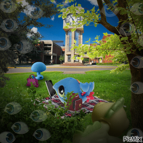 The view is from Lizard's perspective, who is hidding behind trees and bushes at the quad. From behind we can see Whale still on the picnic blanket, on her phone and next to her backpack. Snake is slithering away with her violet purse towards campus buildings. In the trees around Lizard there seems to be a bunch of eyes looking around...