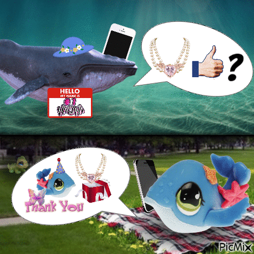 The image is split in half. The upper half shows Whale's realistic-looking mom holding an iphone. She is wearing her best sunday hat and mascara. She has a speech bubble asking 'do you like your necklace?' The buttom half of the image shows Whale at the college quad, holding her iphone. Her speech bubble says 'yes I love it! Thank you for the birthday present! In the shadows of the trees in the distance, you can see Lizard. Watching.